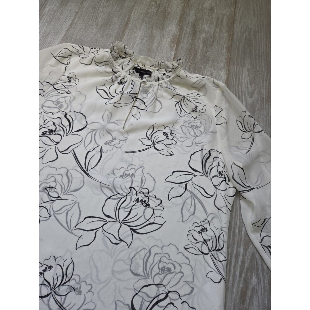 White House Black Market Floral Ruffle Neck Blouse Ivory Black Long Sleeve Sz 14 - Picture 3 of 9